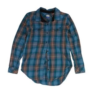 Kavu Women's Flannel Shirt Corduroy Elbow Patches Size Large Blue Plaid EUC